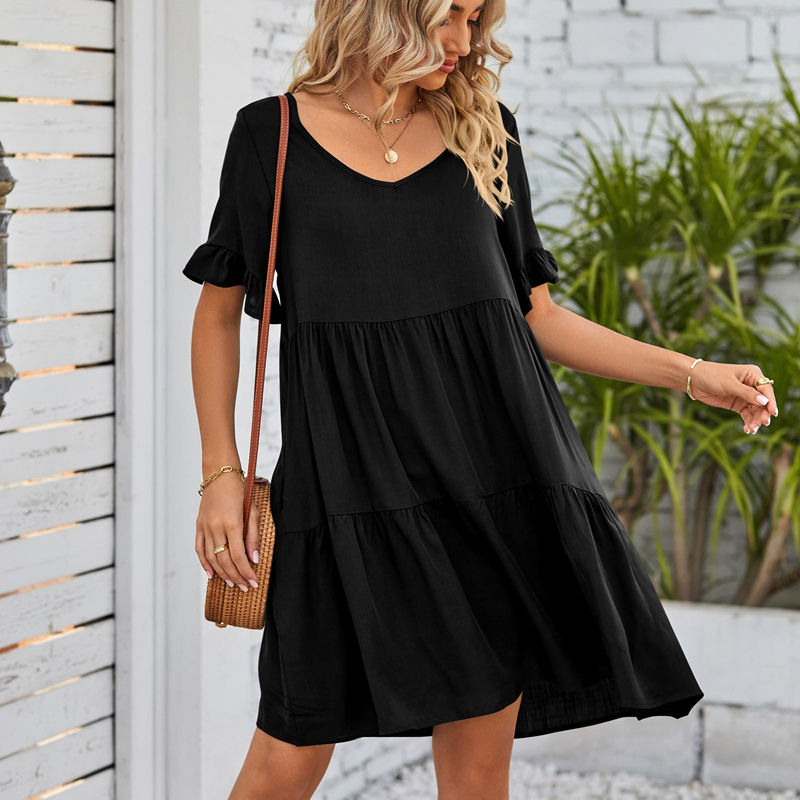 Women's Clothes Summer Casual V-neck Three-Layer Pleated Dress Short Sleeved Skirt - Image 8
