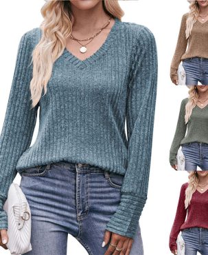 Women Long-Sleeved T-shirt Brushed Sunken Stripe V-neck Solid Color Fashion Top