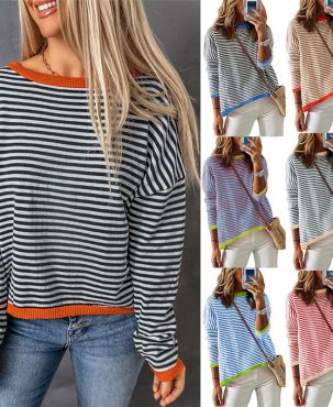Women's Clothing Round Neck Striped Contrast Color Long Sleeves Casual Sweater