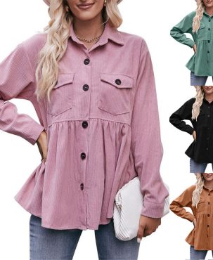 Women Clothing Solid Color Button Leisure Doll Shirt Babydoll Corduroy T-Shirt Casual Top
