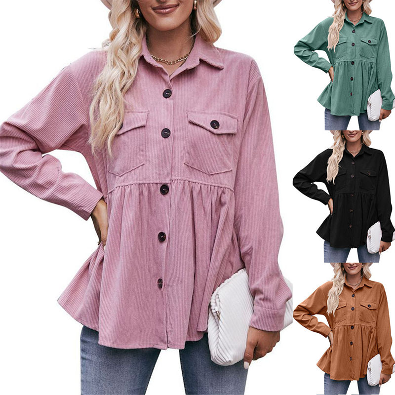 Women Clothing Solid Color Button Leisure Doll Shirt Babydoll Corduroy T-Shirt Casual Top