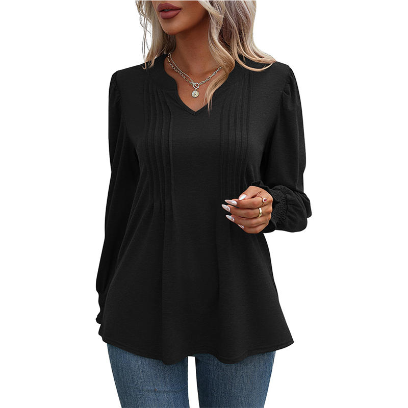 Women's Clothing Solid Color Casual Top Puff Sleeve Smocking V-neck Long Sleeve T-shirt - Image 4