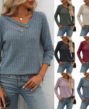 Women's Clothing Loose Casual V-neck Button Top Sunken Stripe T-shirt Women