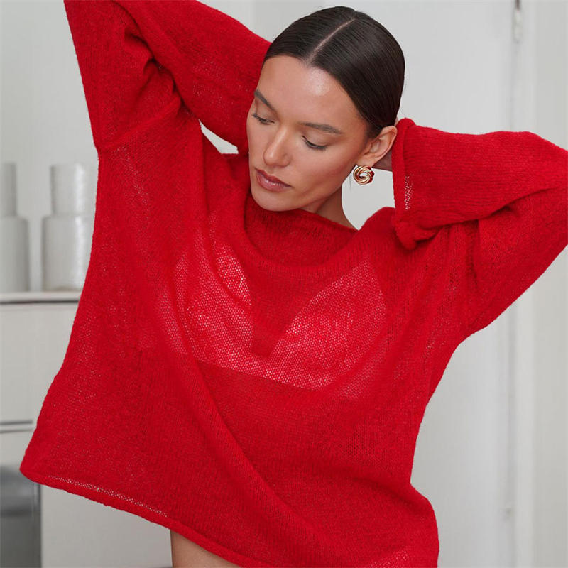 Hollow Sweater Women's See-through Thin Round Neck Long Sleeve Knitted T-shirt - Image 8