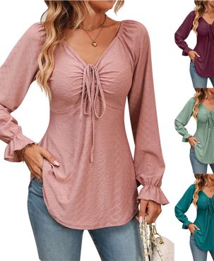 Women's Clothing V-neck Drawstring Girdle Sexy Long Sleeve Solid Color T-shirt