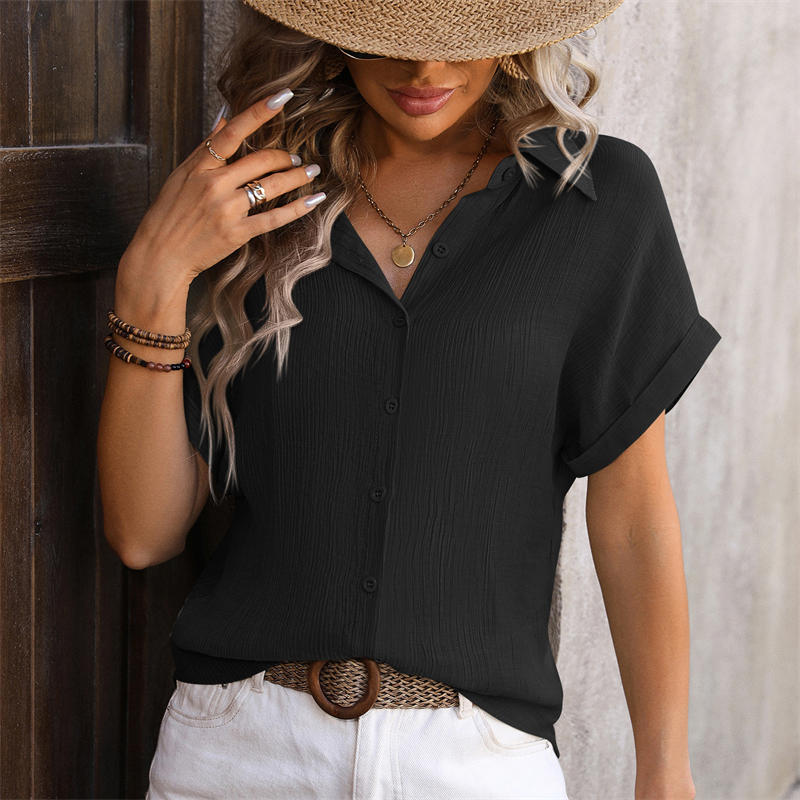 Women's Clothing Loose Short-Sleeved Casual Pleated Shirt Solid Color T-Shirt - 图片 8