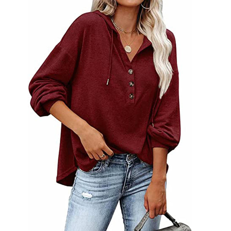 Fashion Casual Loose Solid Color Hoodie Sweater Buttons Long Sleeve Blouse - Image 9