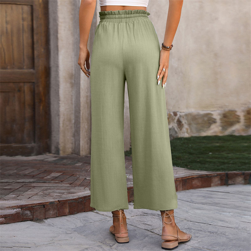 Women's Clothing Spring Casual Solid Color Loose Cotton and Linen High Waist Wide Leg Trousers - Image 9