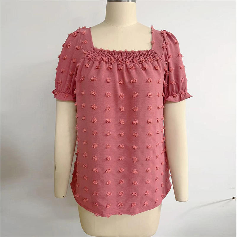 Chiffon Fur Ball Short-Sleeved Shirt Square Collar Smocking T-Shirt Solid Color Top - Image 5