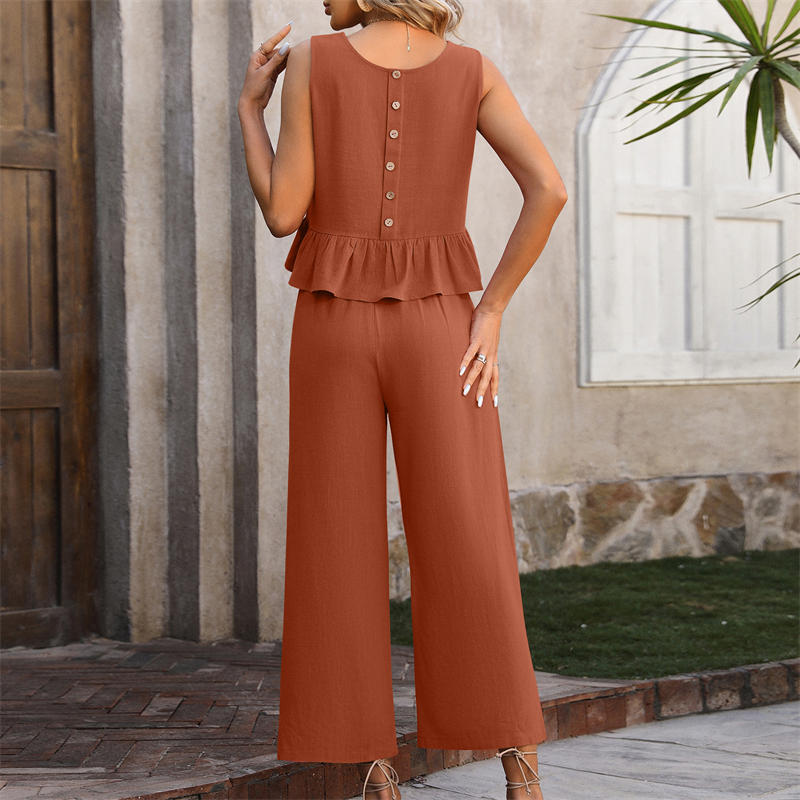 Women's Clothing Sleeveless Vest Wide Leg Cropped Pants Leisure Vacation Suit - 图片 13
