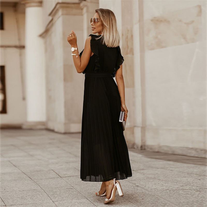 Temperament Beach Long Dress Fashion Slim Sexy Ruffle Sleeve Chiffon Pleated Skirt Solid Color Dress - Image 10