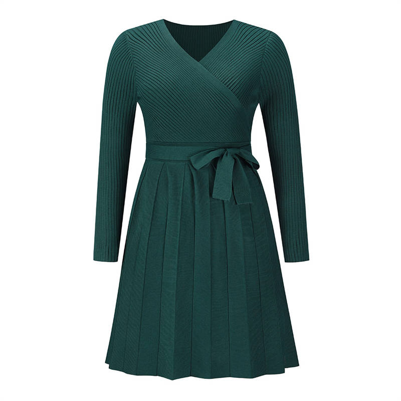 Fashion Sweater Dress Sexy V-neck Pleated Knitted A-Line Dress Long Sleeve - Image 15