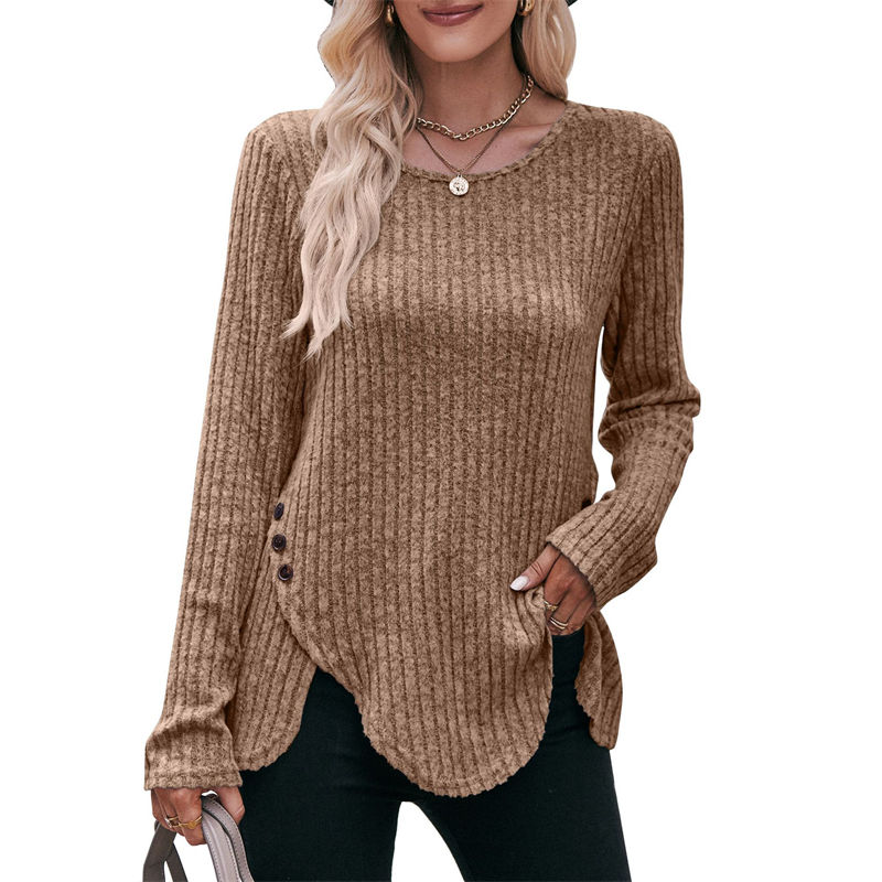 Women's Round-Neck Stripe Brushed Solid Color Top Long Sleeve Button T-shirt - Image 7