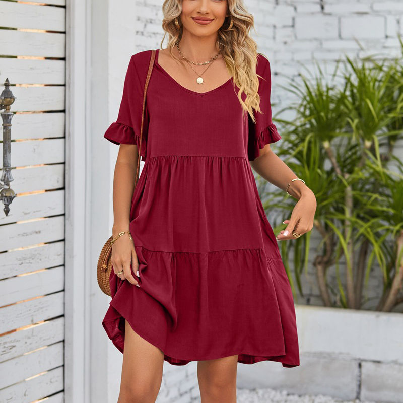 Women's Clothes Summer Casual V-neck Three-Layer Pleated Dress Short Sleeved Skirt - Image 9