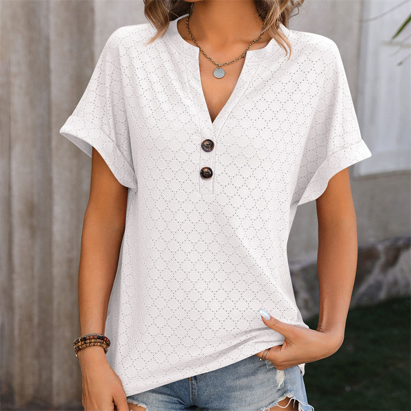 Spring/Summer V-neck Button Solid Color Polka Dot Loose Short Sleeve T-shirt for Women - 图片 9