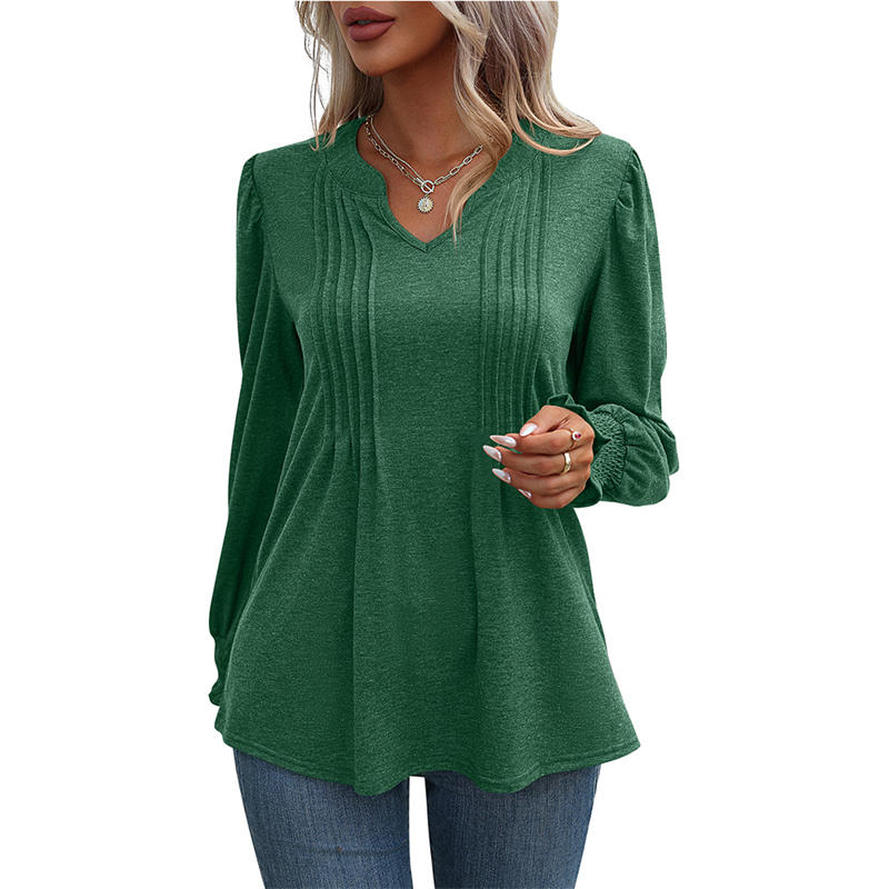 Women's Clothing Solid Color Casual Top Puff Sleeve Smocking V-neck Long Sleeve T-shirt - Image 5