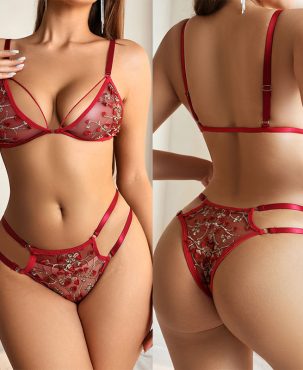 Sexy Three-Point Three-Dimensional Embroidery Flower Bra Panties Set Sexy Lingerie