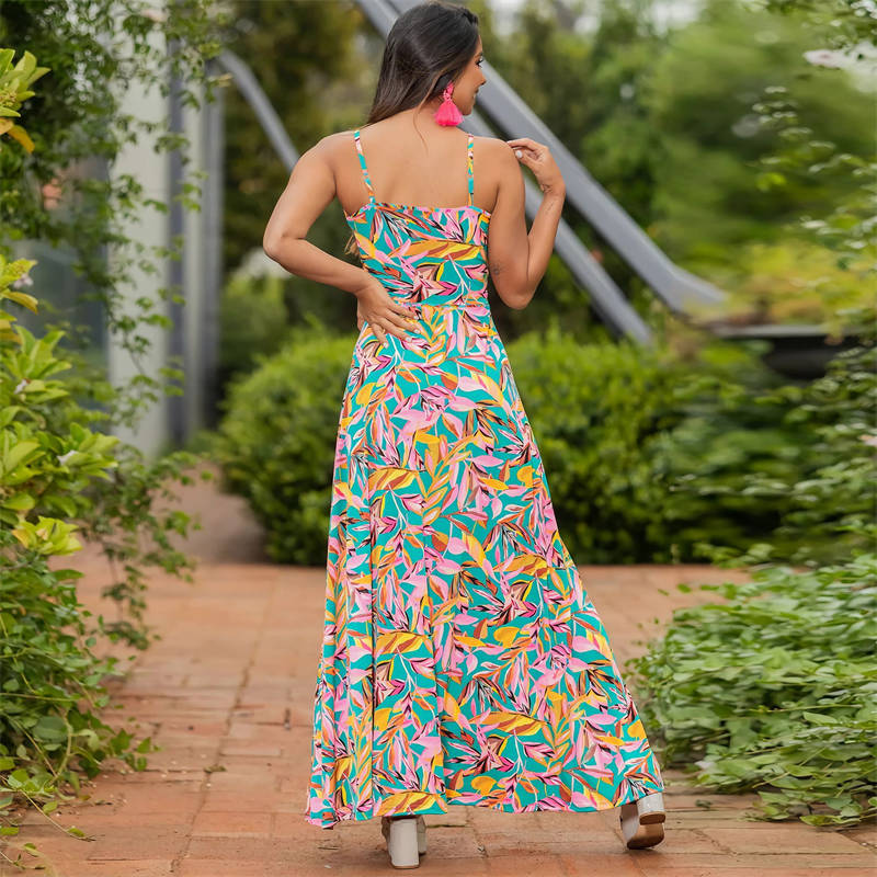 Fashion Women's Wear V-neck Printing Elegant A Swing Long Halter Dress - Image 10