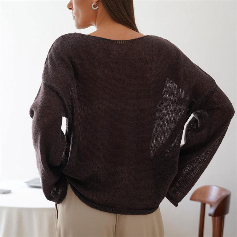 Hollow Sweater Women's See-through Thin Round Neck Long Sleeve Knitted T-shirt - Image 9