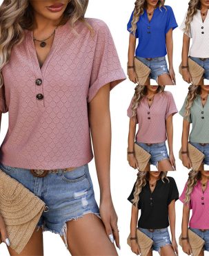 Spring/Summer V-neck Button Solid Color Polka Dot Loose Short Sleeve T-shirt for Women