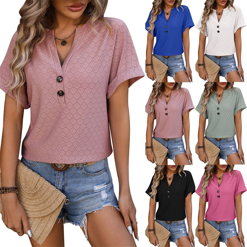 Spring/Summer V-neck Button Solid Color Polka Dot Loose Short Sleeve T-shirt for Women