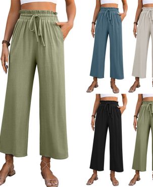 Women's Clothing Spring Casual Solid Color Loose Cotton and Linen High Waist Wide Leg Trousers