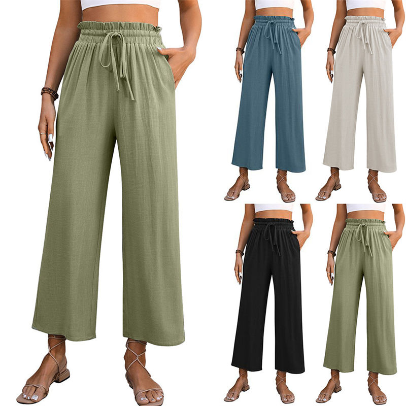 Women's Clothing Spring Casual Solid Color Loose Cotton and Linen High Waist Wide Leg Trousers
