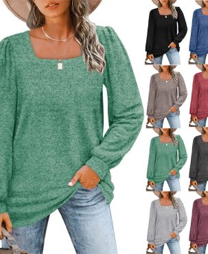 Loose Casual Puff Sleeve Square Collar Long Sleeve T-shirt Solid Color Top