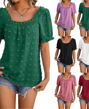 Chiffon Fur Ball Short-Sleeved Shirt Square Collar Smocking T-Shirt Solid Color Top