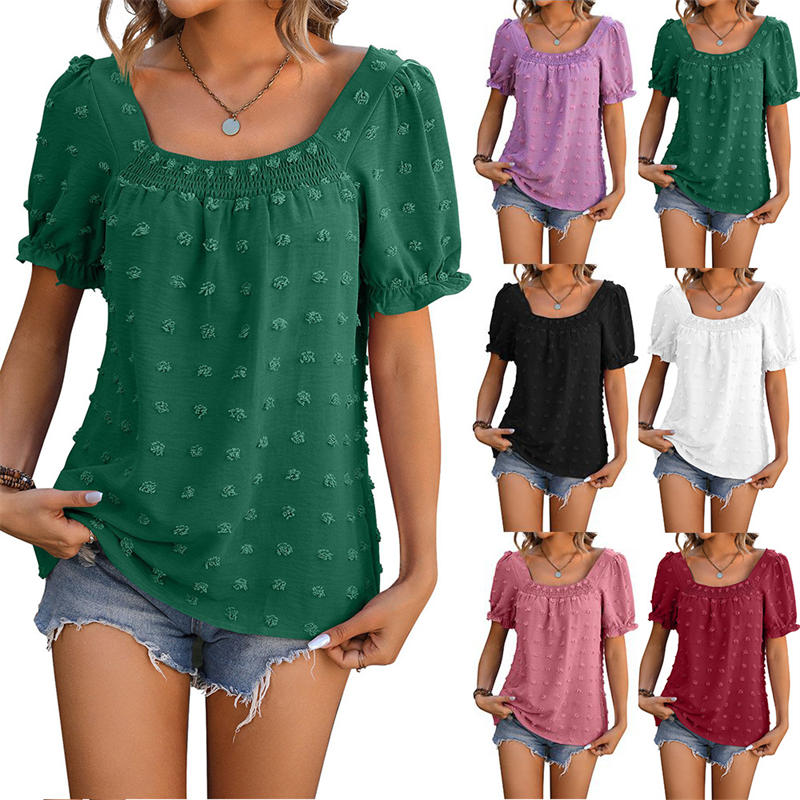 Chiffon Fur Ball Short-Sleeved Shirt Square Collar Smocking T-Shirt Solid Color Top