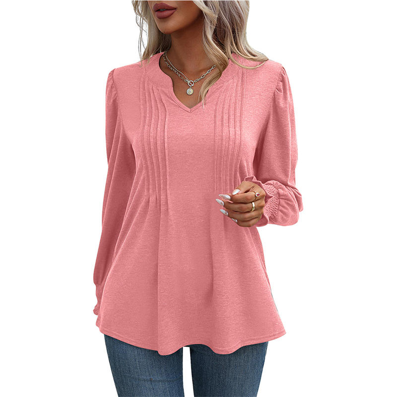 Women's Clothing Solid Color Casual Top Puff Sleeve Smocking V-neck Long Sleeve T-shirt - Image 6