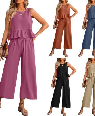 Women's Clothing Sleeveless Vest Wide Leg Cropped Pants Leisure Vacation Suit