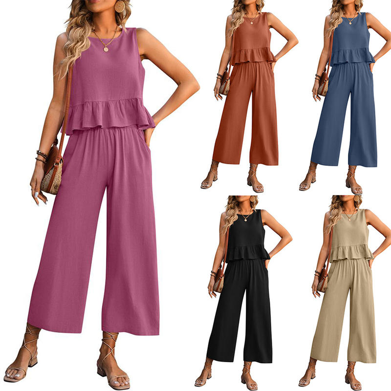 Women's Clothing Sleeveless Vest Wide Leg Cropped Pants Leisure Vacation Suit