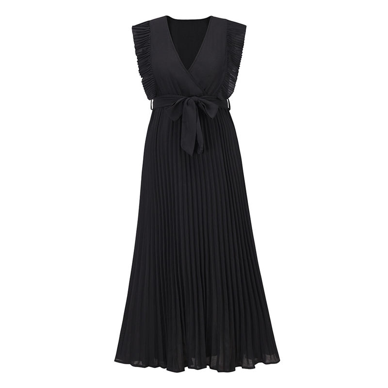Temperament Beach Long Dress Fashion Slim Sexy Ruffle Sleeve Chiffon Pleated Skirt Solid Color Dress - Image 12