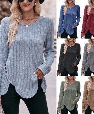 Women's Round-Neck Stripe Brushed Solid Color Top Long Sleeve Button T-shirt