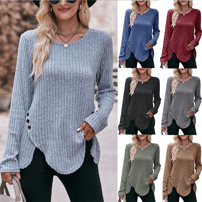 Women's Round-Neck Stripe Brushed Solid Color Top Long Sleeve Button T-shirt