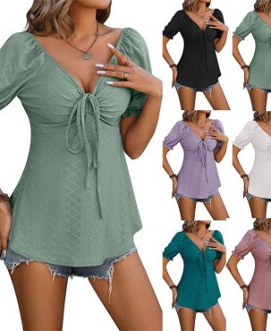 Women's Clothing V-neck Drawstring Girdle Sexy Short Sleeve Solid Color T-shirt