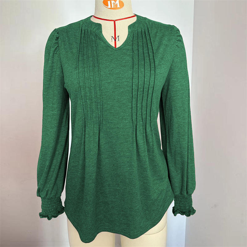 Women's Clothing Solid Color Casual Top Puff Sleeve Smocking V-neck Long Sleeve T-shirt - Image 7