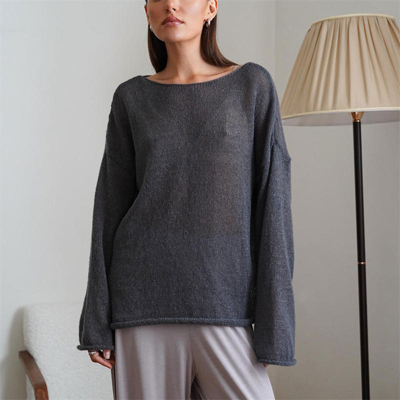 Hollow Sweater Women's See-through Thin Round Neck Long Sleeve Knitted T-shirt - Image 10