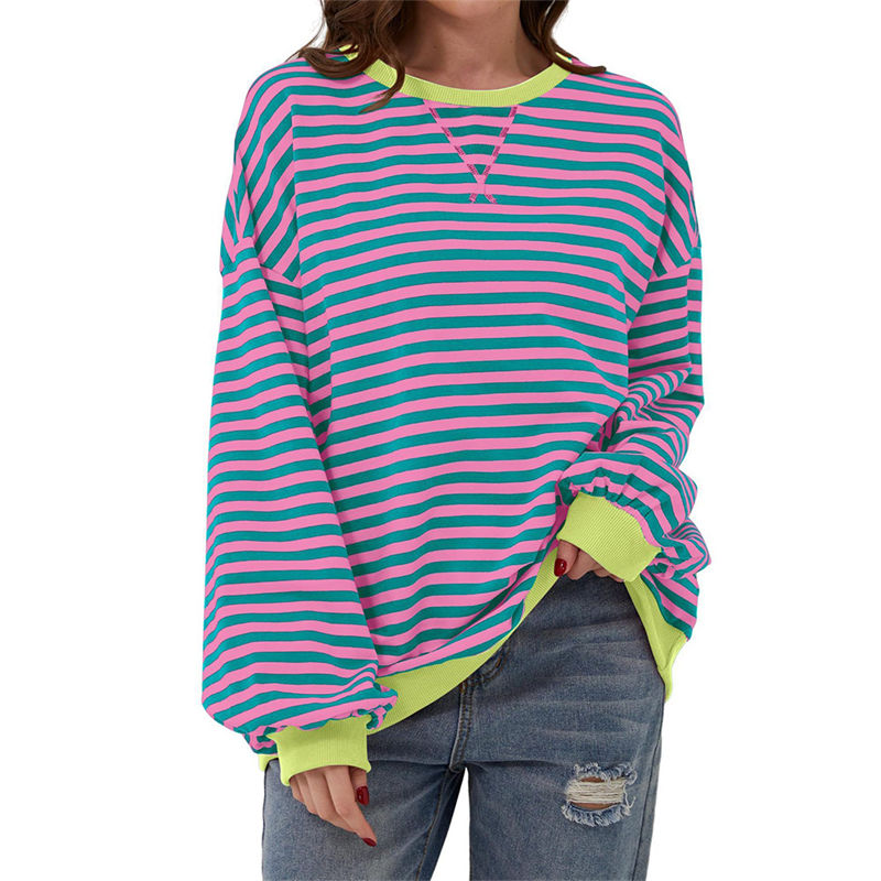 Color Striped round Neck Loose Sweatshirt Sweater for Women Long Sleeve Blouse - 图片 5