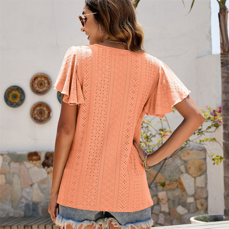 Summer T-shirt Hollow Waist Ruffle Sleeve Casual Top Short Sleeved T-shirt - Image 9