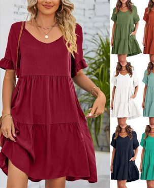 Women's Clothes Summer Casual V-neck Three-Layer Pleated Dress Short Sleeved Skirt