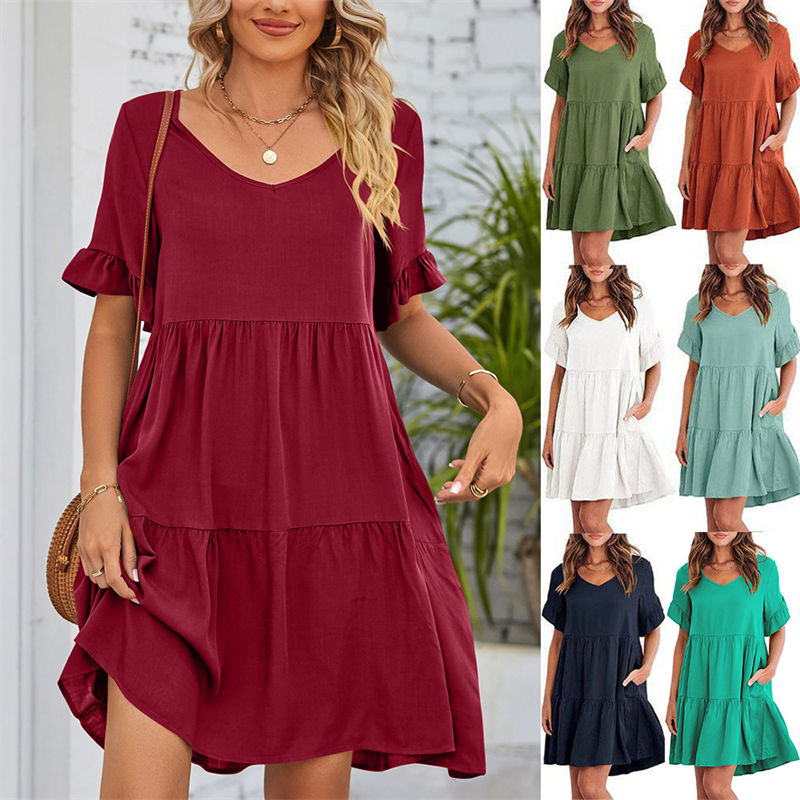 Women's Clothes Summer Casual V-neck Three-Layer Pleated Dress Short Sleeved Skirt