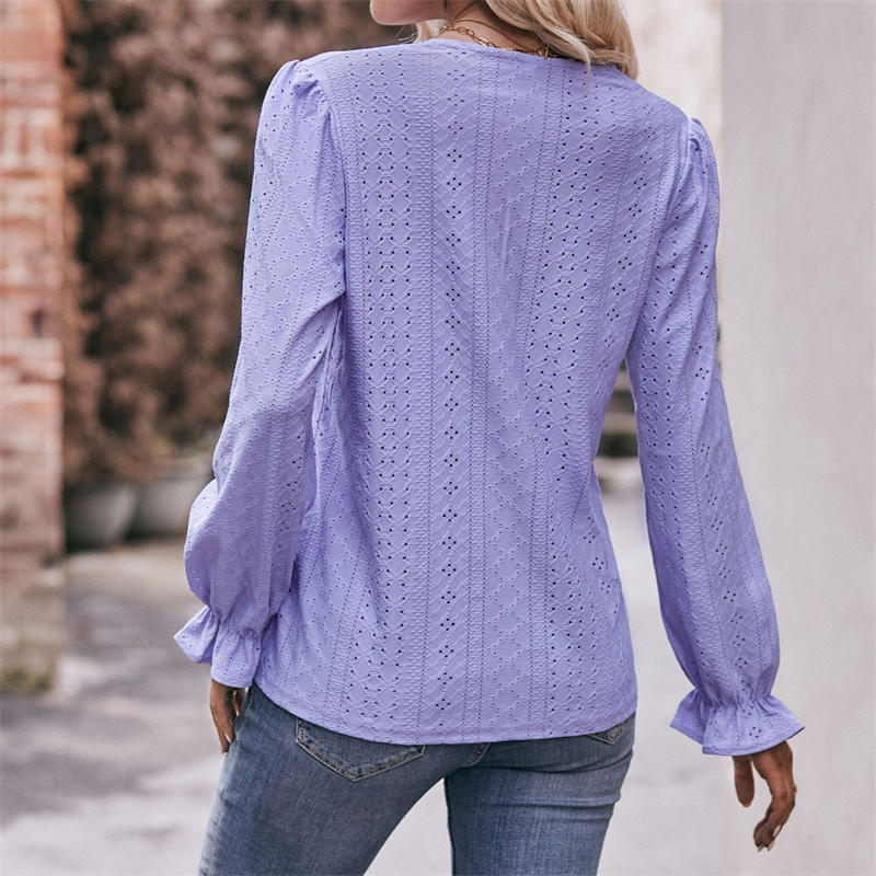 Women's Clothing Solid Color T-shirt Hole Lace V-neck Long Sleeve Top Fashion - Image 11