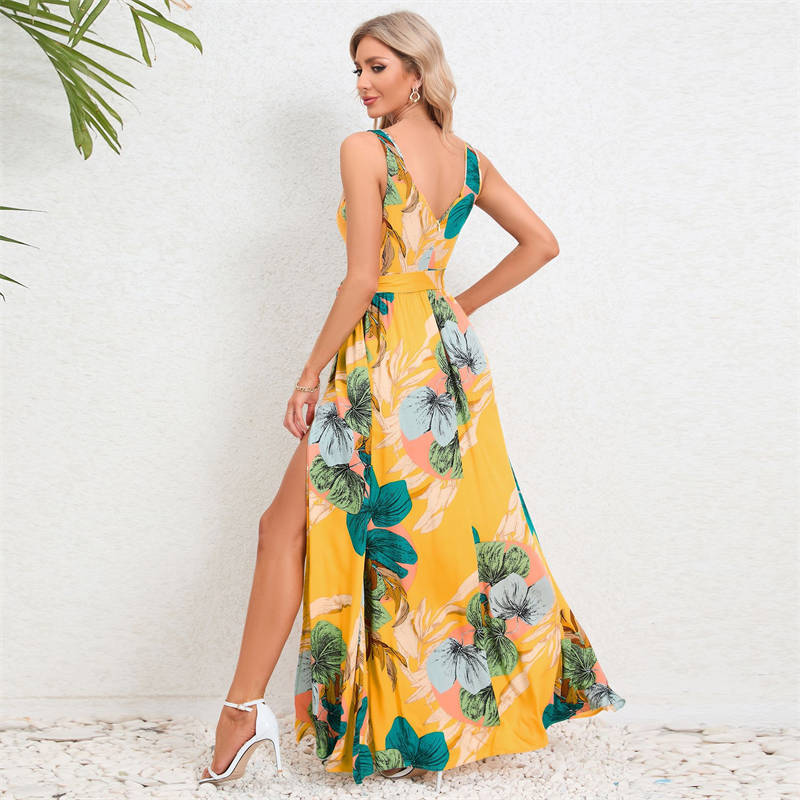 Summer Women Clothing V-neck Sleeveless Slit Printed Long Sling Dress - 图片 11