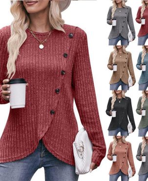 Women's Round-Neck Blouse Sunken Stripe Brushed Solid Color Button T-Shirt