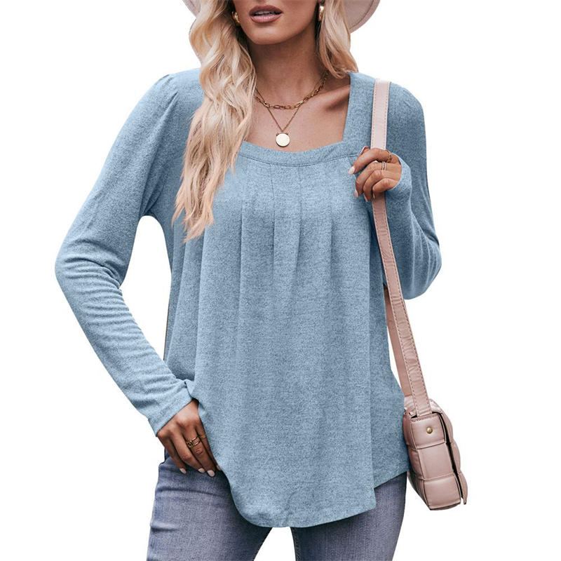 Casual Bubble Sleeve Square Collar Pleated Long Sleeve T-shirt Solid Color Top - 图片 16
