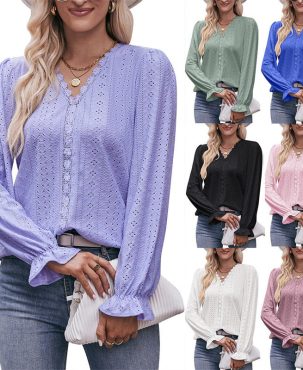 Women's Clothing Solid Color T-shirt Hole Lace V-neck Long Sleeve Top Fashion