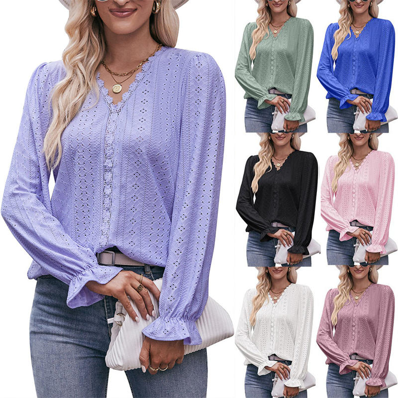 Women's Clothing Solid Color T-shirt Hole Lace V-neck Long Sleeve Top Fashion