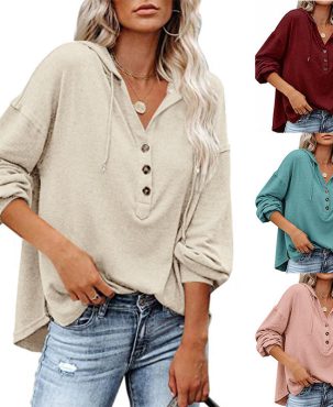 Fashion Casual Loose Solid Color Hoodie Sweater Buttons Long Sleeve Blouse